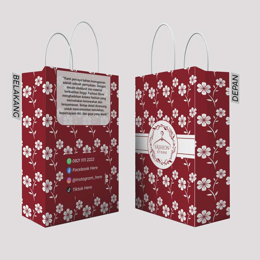 Paper Bag Tema Fashion Brand Pattern Motif Bunga Putih Latar Merah - Image 1