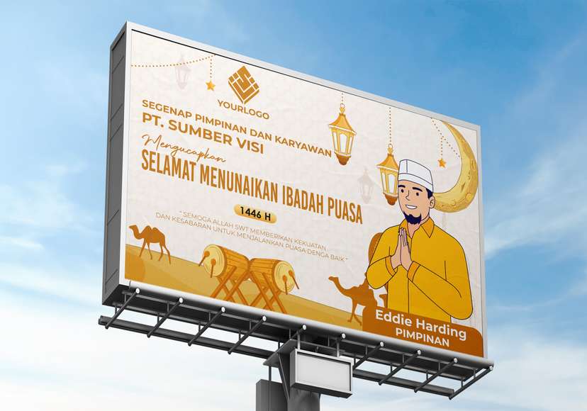 Baliho Ucapan Selamat Berpuasa Tema Gold Kuning Putih - Image 1