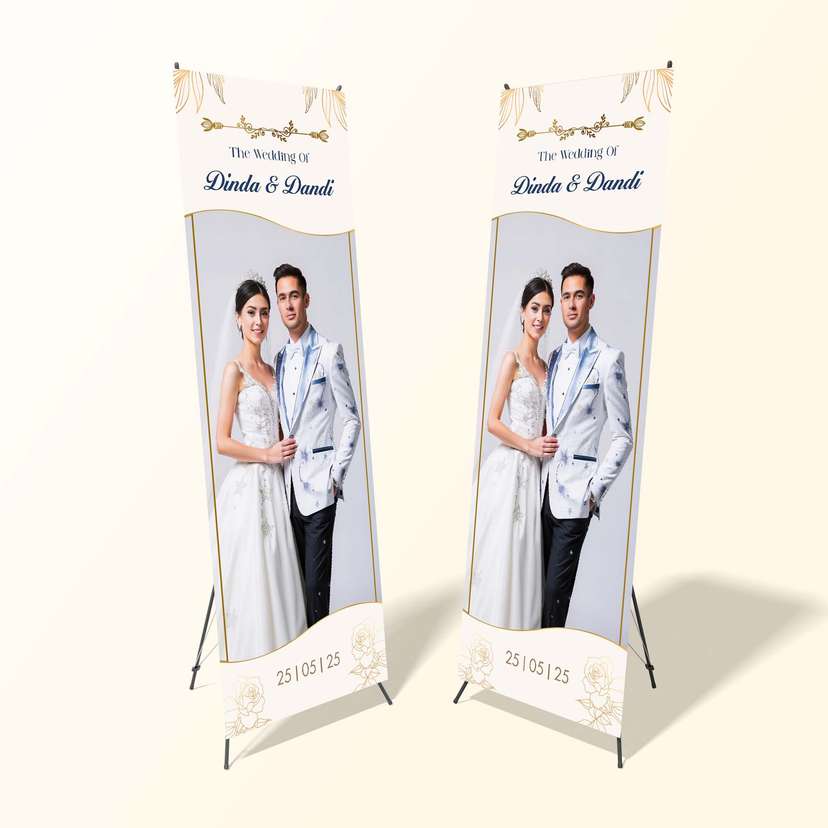 X Banner Pernikahan Simple Dengan Ornamen Bunga Gold - Image 1
