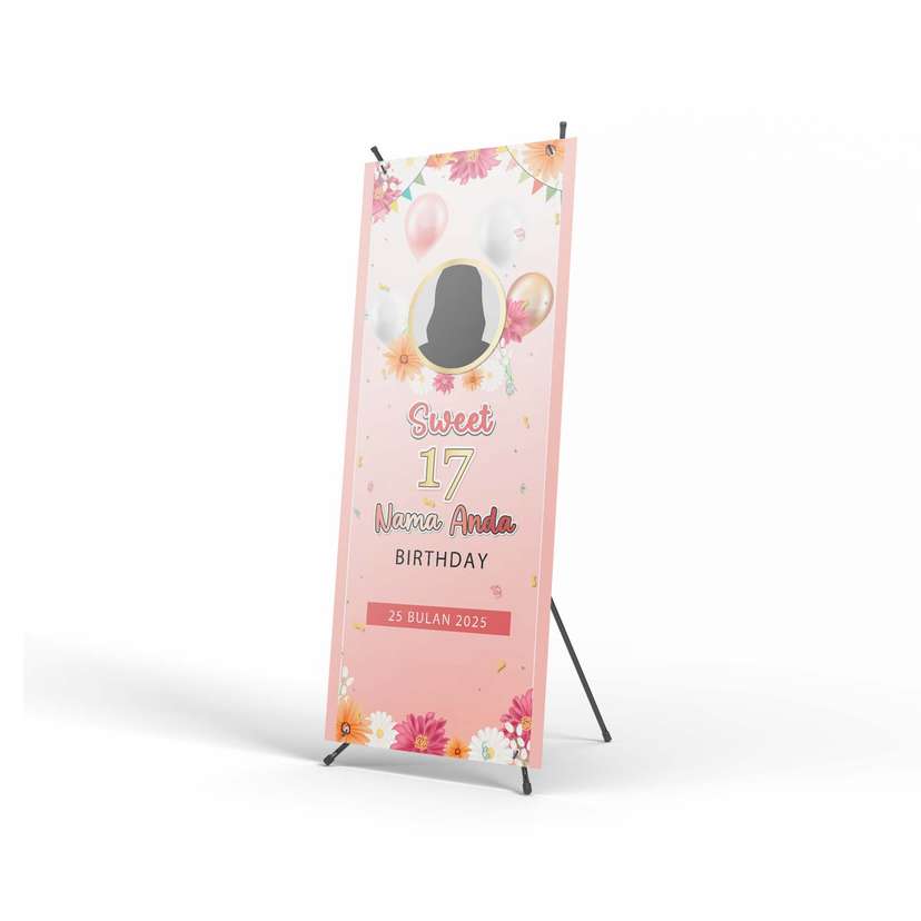 Banner Birthday Pink Gold berbunga - Image 1