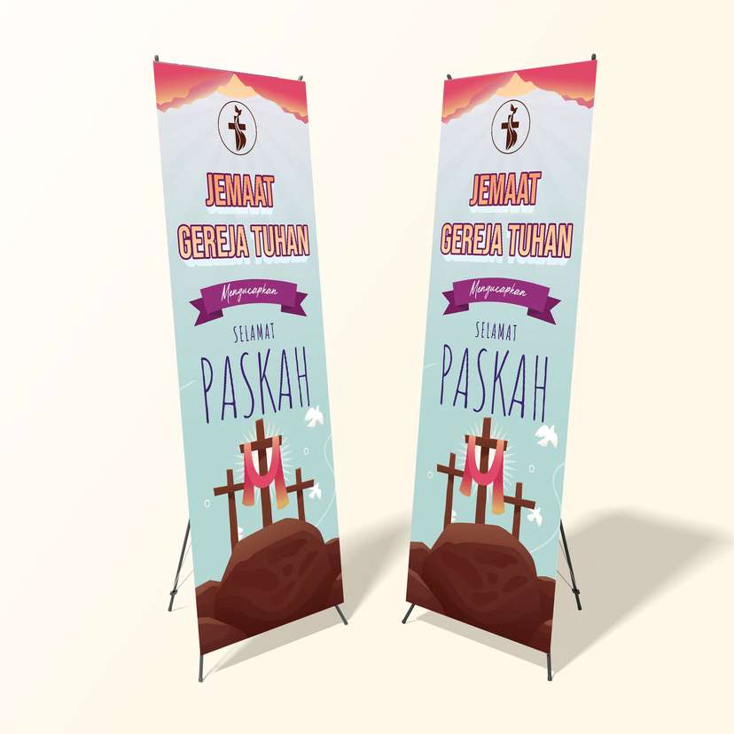 X Banner Paskah Tema Warna Biru Terang Salib Tiga - Image 1