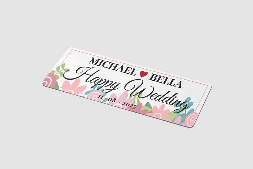 Plat Wedding Floral Happy Wedding dengan Desain Bunga Warna-Warni - Image 1