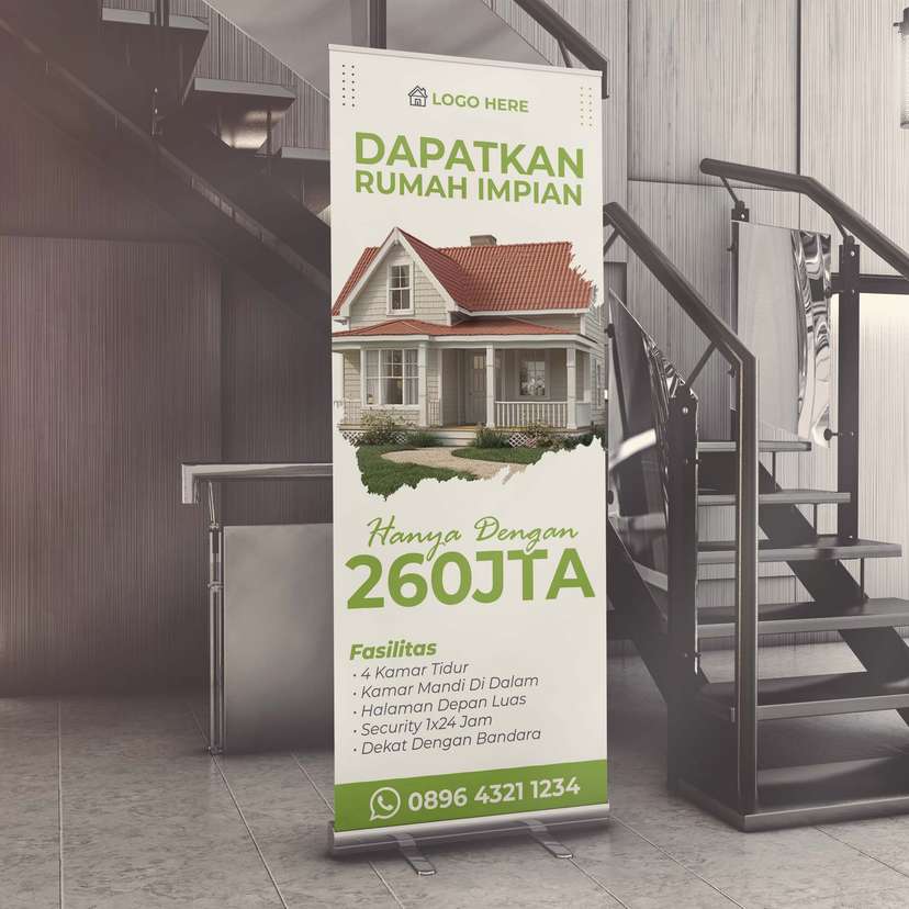 Roll Up Banner Property Rumah Dengan Desain Simple Warna Dominan Hijau - Image 1