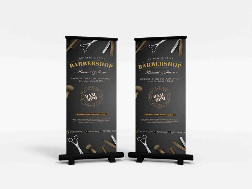 Roll Up Banner Barbershop Elegan dengan Nuansa Maskulin - Image 1