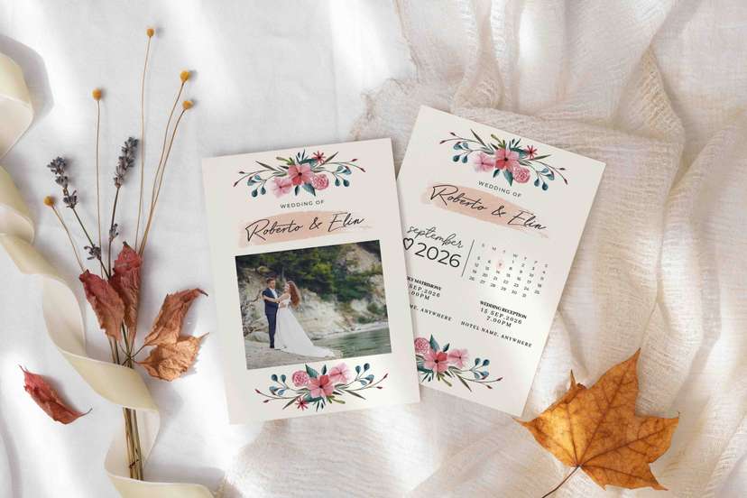 Undangan Pernikahan Elegan dengan Sentuhan Bunga dan Kalender - Image 1