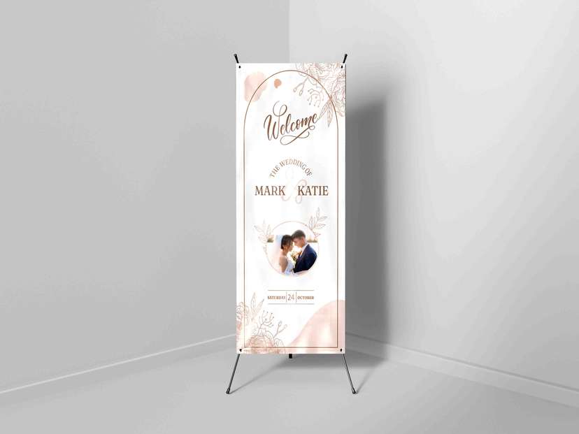X-Banner Welcome Wedding Elegant Tema Cokelat Muda Floral - Image 1