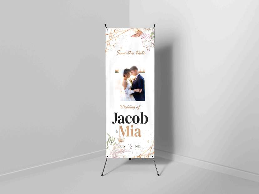 X-Banner Wedding Elegant Putih Gold dengan Foto dan Nama Pasangan - Image 1