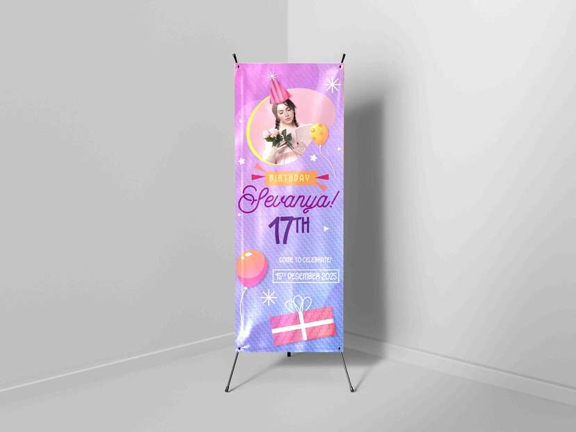 X-Banner Ulang Tahun Ke-17 Sevanya dengan Nuansa Pink dan Ungu Ceria - Image 1