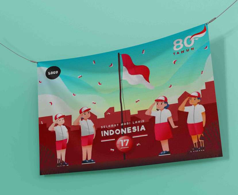 Baliho HUT RI 80 Tahun dengan Ilustrasi Anak Sekolah Upacara - Image 1
