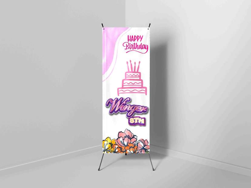 X-Banner Ulang Tahun dengan Nuansa Pink Floral dan Kue Ulang Tahun - Image 1