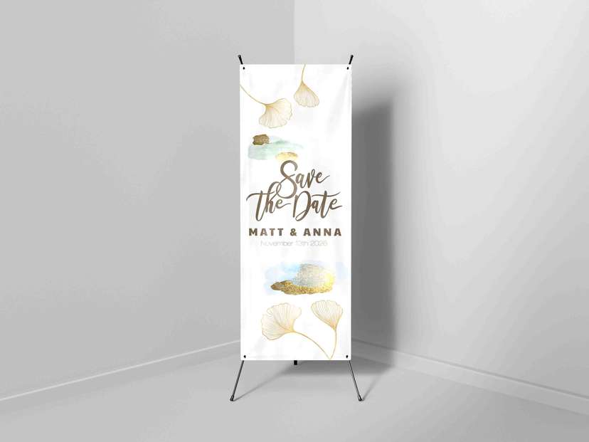 X-Banner Save The Date Wedding Nuansa Daun Emas dan Watercolor - Image 1