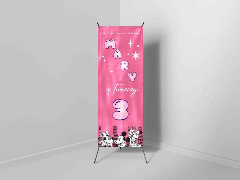 X-Banner Ulang Tahun Mouse Warna Pink Cerah Desain Simple & Elegan - Image 1