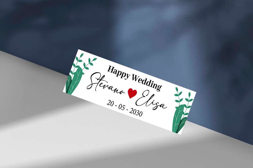 Wedding Plat Tropis dengan Ilustrasi Daun Hijau Simetris - Image 1