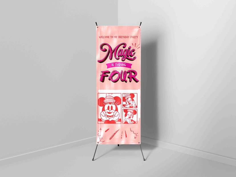 X-Banner Ulang Tahun Anak dengan Tema Mouse Warna Pink Ceria - Image 1