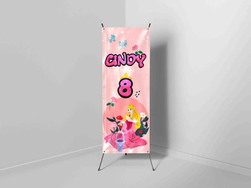 X-Banner Ulang Tahun Anak Tema Princess Aurora dengan Warna Pink Lembut - Image 1