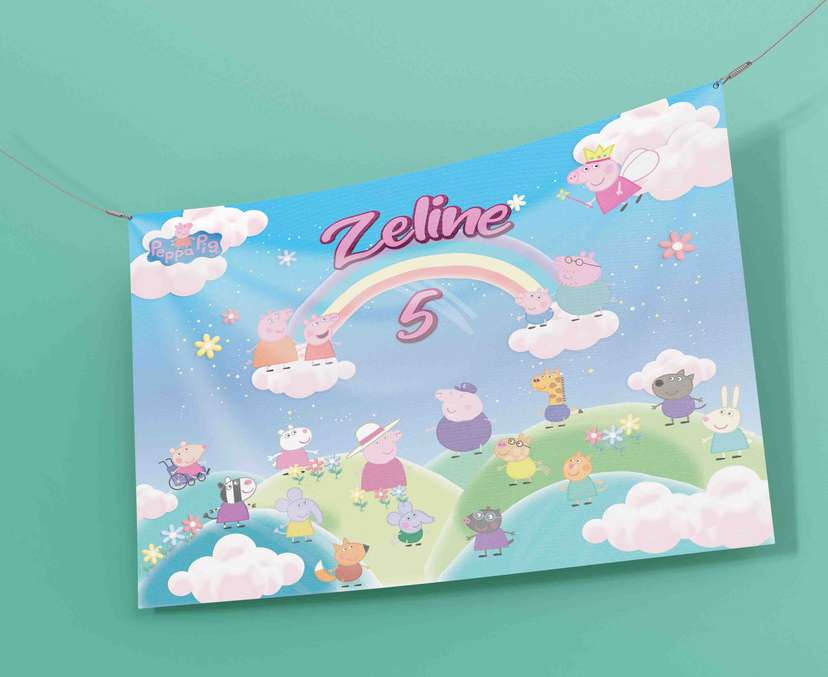 Baliho Ulang Tahun Anak Tema Peppa Pig Ceria dan Pelangi - Image 1