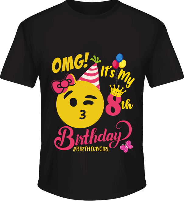 Kaos Ulang Tahun Emoji Lucu Anak Perempuan 8 Tahun Warna Hitam - Image 1