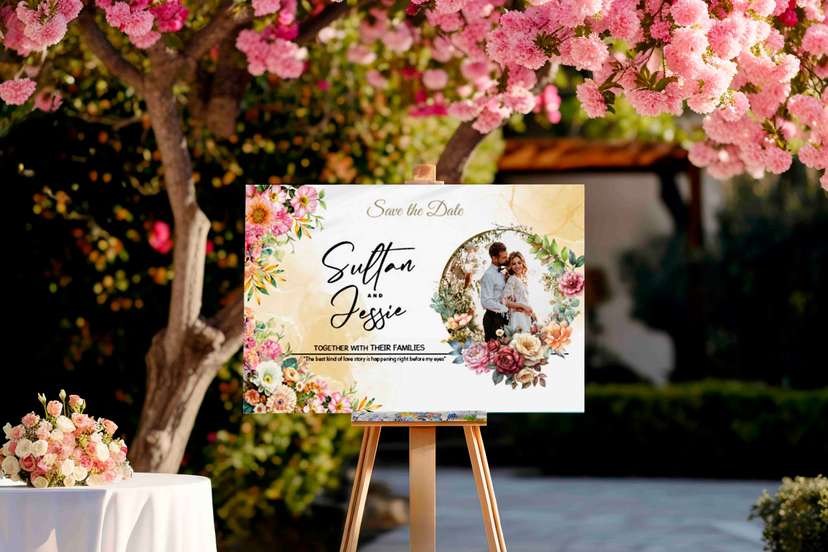 Wedding Welcome Sign Gold Floral - Image 1