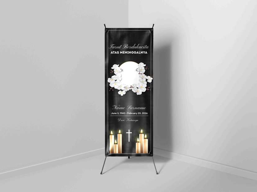 X-Banner Turut Berdukacita dengan Ornamen Anggrek Putih dan Lilin Doa - Image 1