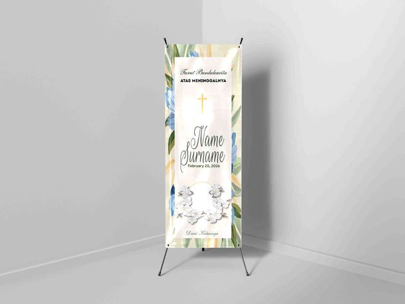 X-Banner Turut Berdukacita Floral Pastel dengan Salib dan Bunga Putih - Image 1