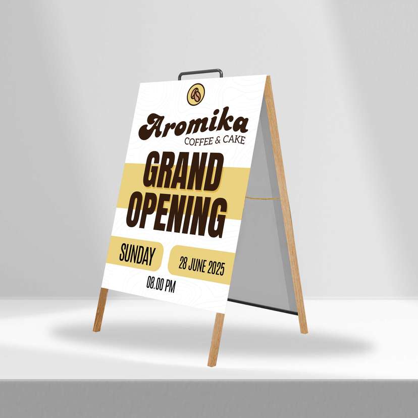 Triangle Stand Banner Kayu Opening Aromika - Image 1