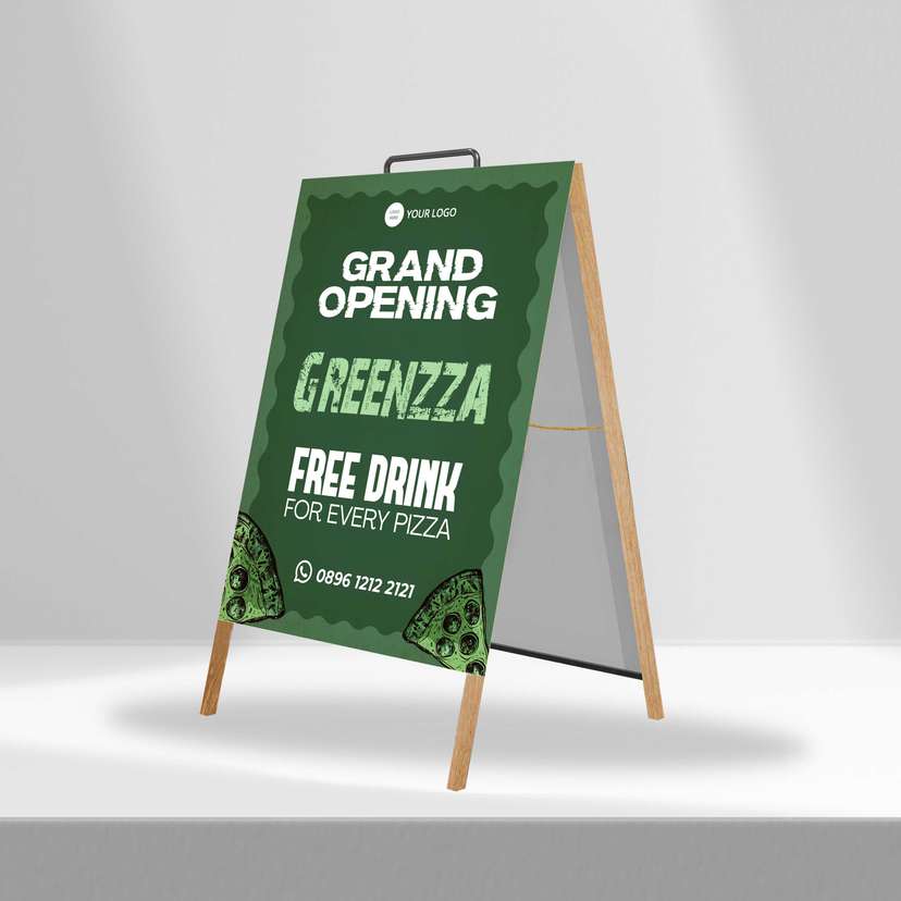 Triangle Stand Banner Kayu Opening Greenzza - Image 1