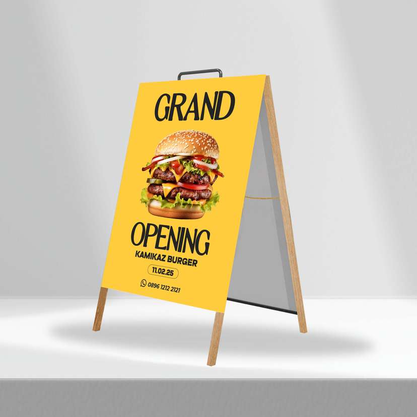 Triangle Stand Banner Kayu Opening Kamikaze Burger - Image 1