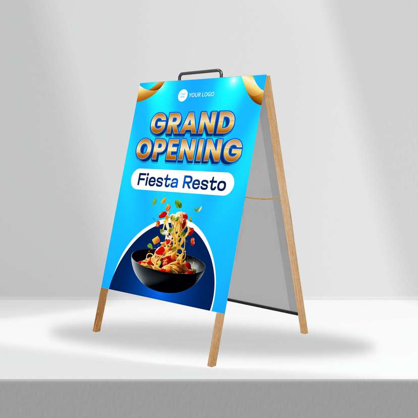 Triangle Stand Banner Kayu Opening Fiesta Resto - Image 1