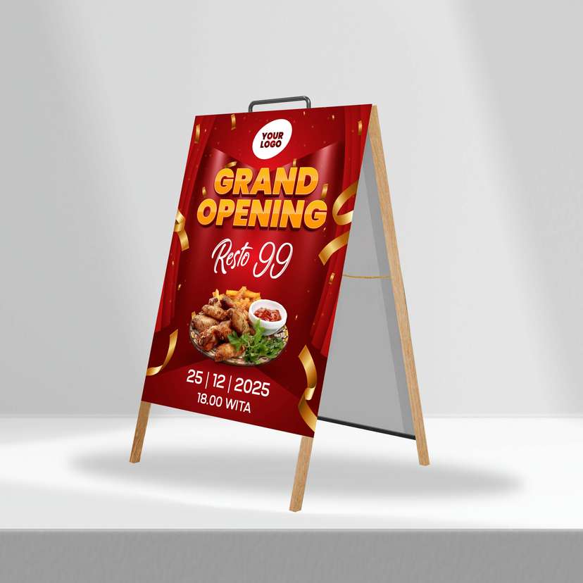 Triangle Stand Banner Kayu Opening Resto 99 - Image 1