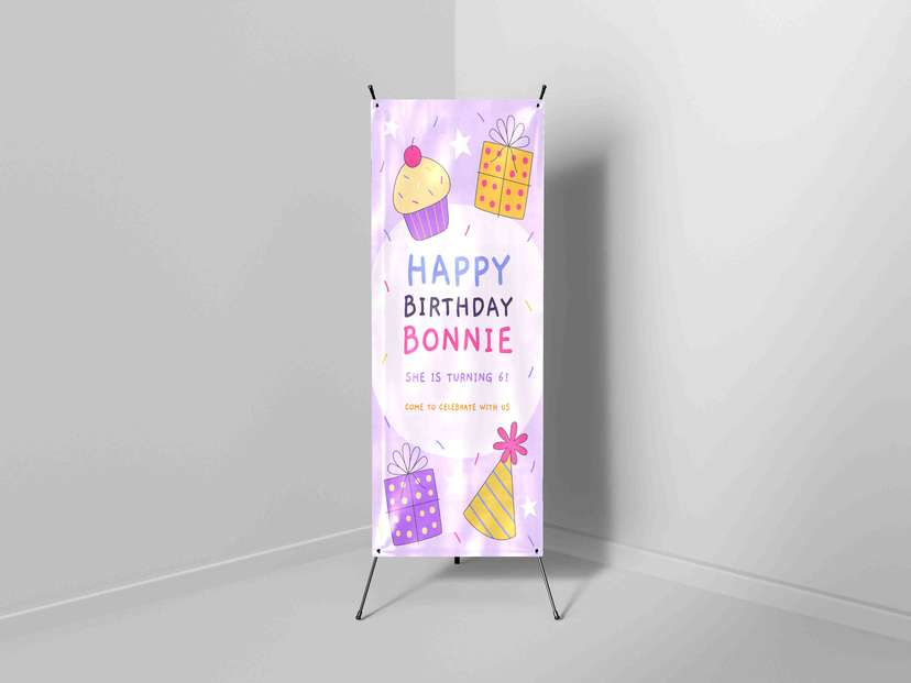 X Banner Ulang Tahun Warna Ungu Cupcake - Image 1