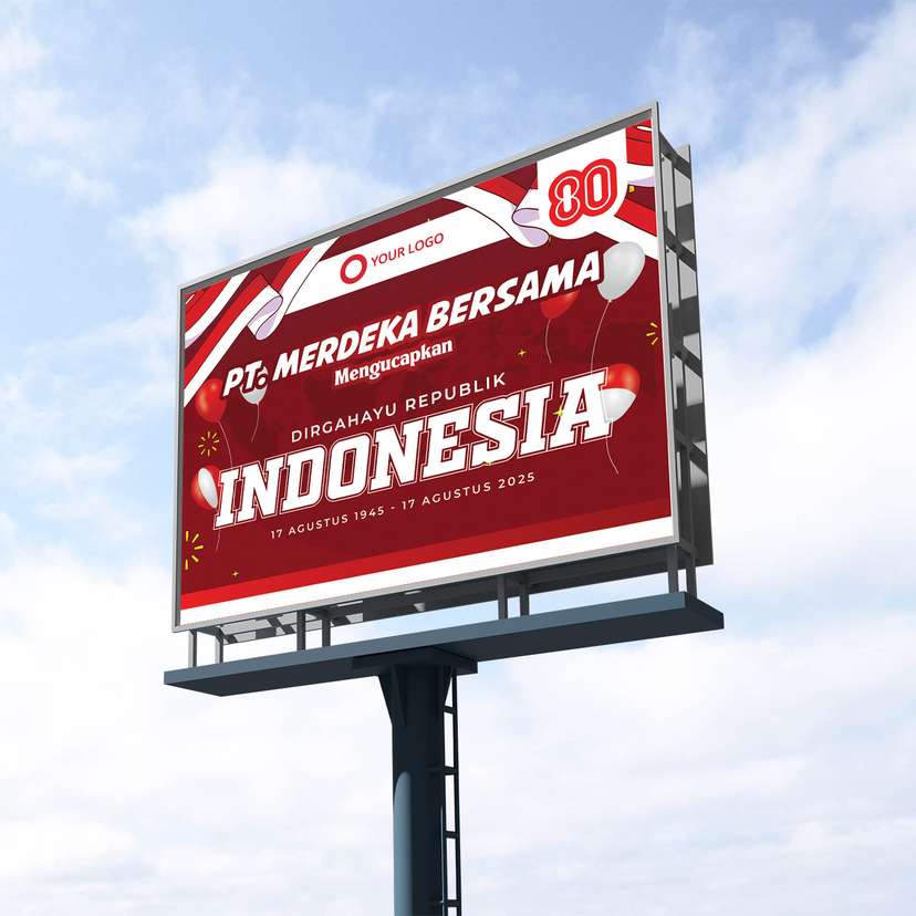 Baliho Ucapan Kemerdekaan Dirgahayu RI Dengan Latar Dominan Merah Dihiasi Bendera - Image 1