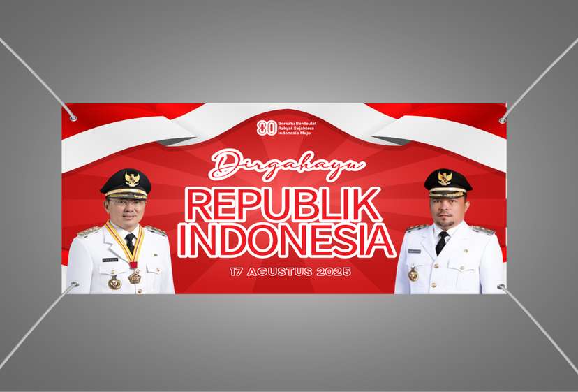 Baliho Meriah dengan Latar Merah dan Pita Putih Besar untuk Peringatan HUT - Image 1