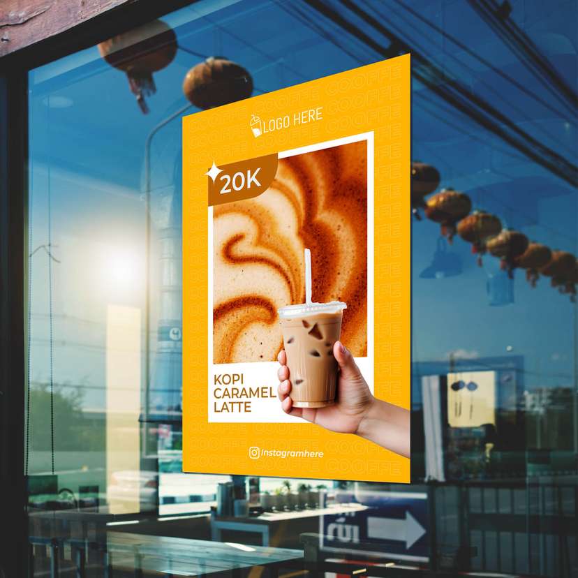 Poster Promo Minuman Kopi Caramel Dengan Background Kuning Coklat - Image 1