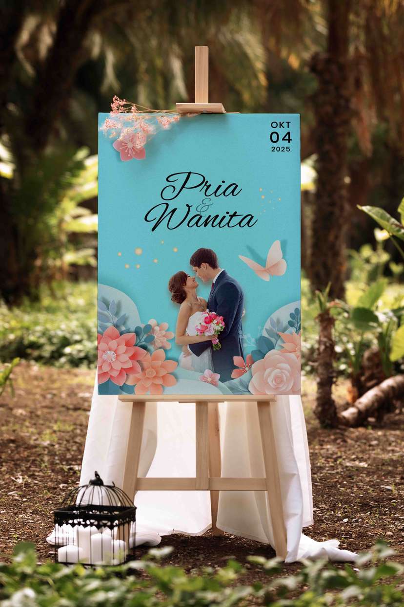 Welcome Sign Wedding Nuansa Biru Bunga Cantik - Image 1