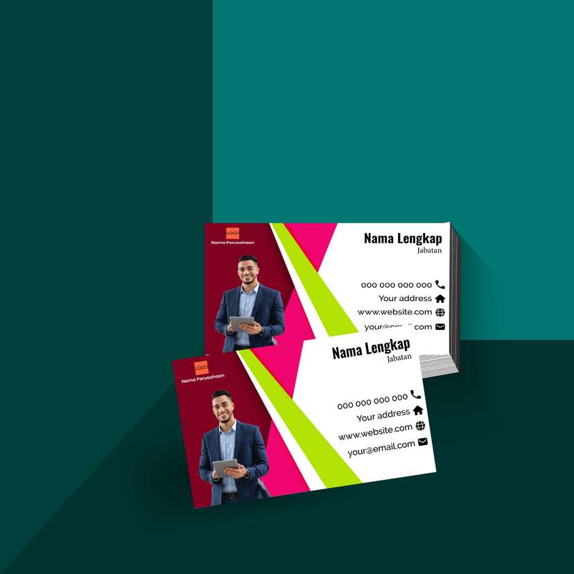 Kartu Nama Stylish Bernuansa Merah dan Pink dengan Aksen Hijau Neon, Memberikan Kesan Kreatif dan Energik - Image 1