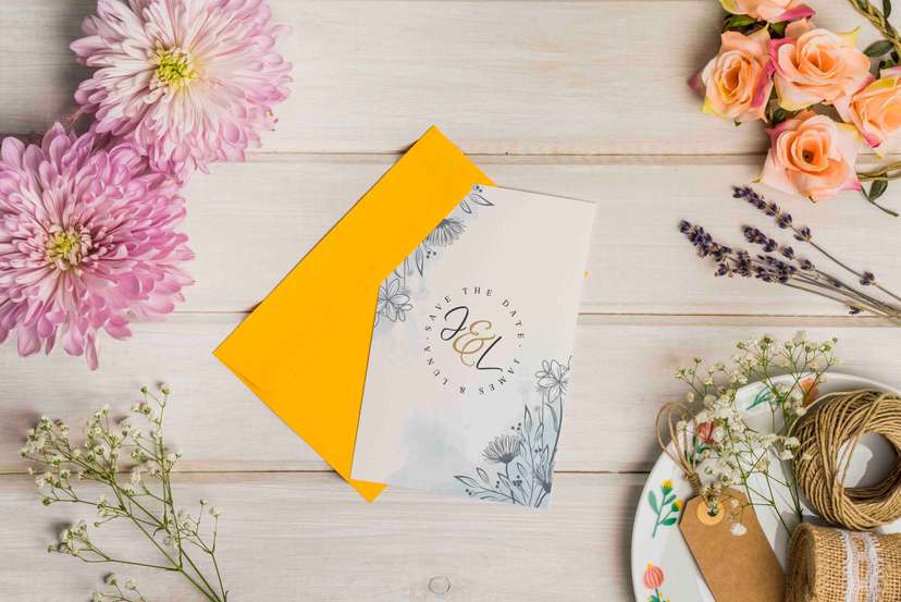 Undangan Pernikahan Minimalis Floral Line Art Nuansa Elegan dengan Amplop Kuning Cerah - Image 1