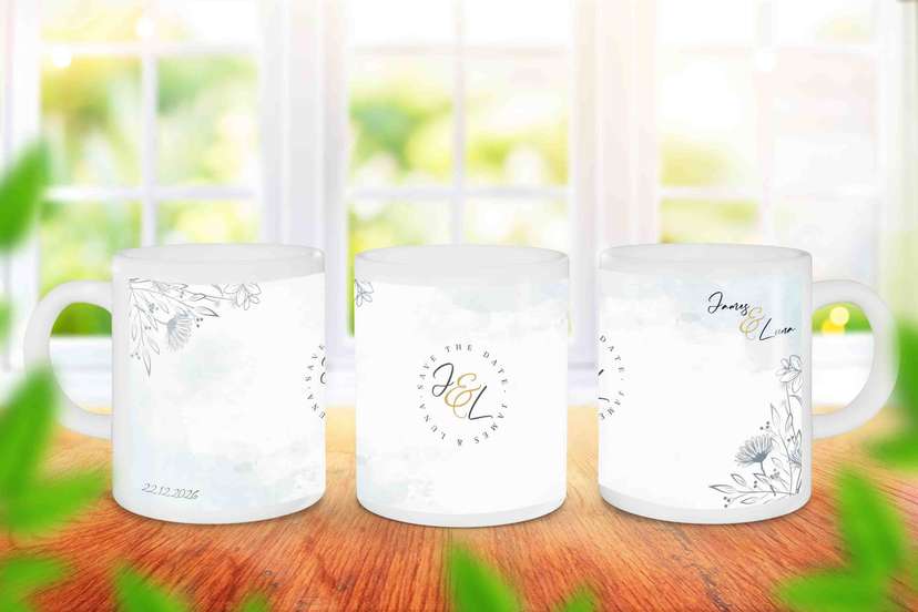 Mug Souvenir Wedding Line Art Minimalis Desain Elegan Inisial J & L - Image 1