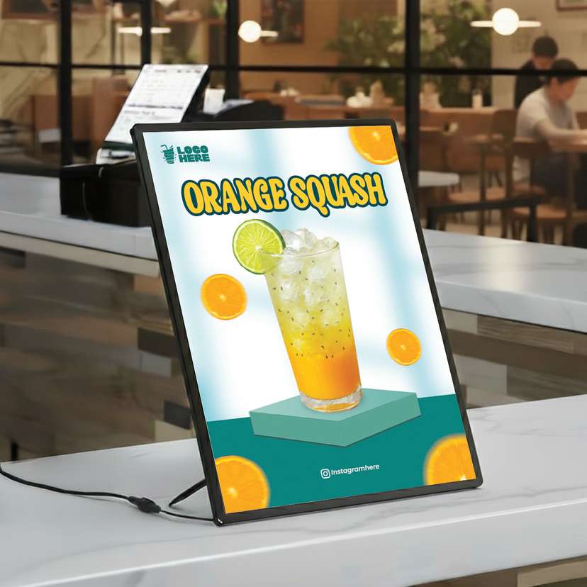 Slim LED Menu Orange Squash Dengan Latar Biru Terang - Image 1