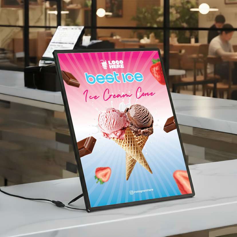 Slim LED Menu Ice Cream Cone Dengan Latar Pink dan Biru - Image 1