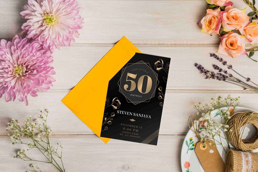 Undangan Ulang Tahun ke-50 Desain Hitam Gold Elegan & Berkelas - Image 1