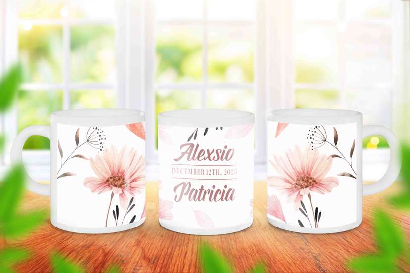 Mug Souvenir Pernikahan Desain Bunga Watercolor Elegan - Image 1