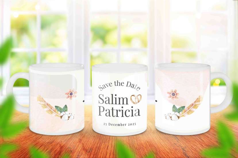 Mug Souvenir Pernikahan Minimalis Desain Save The Date Salim & Patricia - Image 1