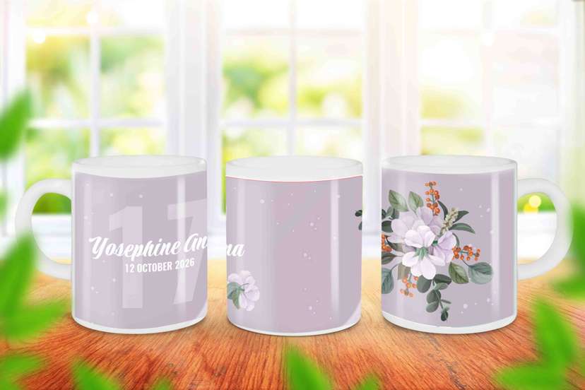 Mug Souvenir Sweet Seventeen Desain Elegan Floral Ungu Pastel - Image 1