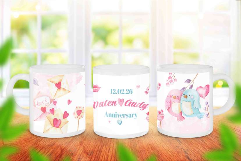 Mug Souvenir Anniversary Penuh Cinta Dengan Gambar Sepasang Burung - Image 1