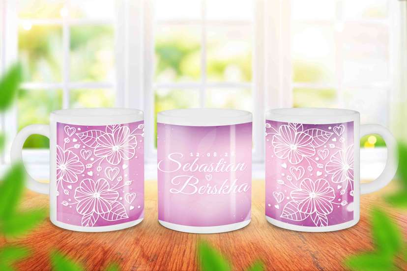 Mug Souvenir Wedding Ungu Bunga - Image 1