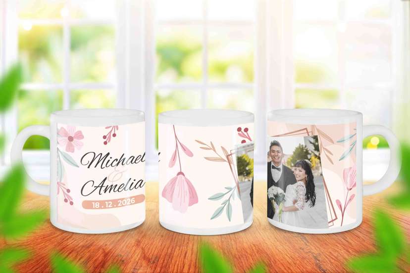 Mug Souvenir Wedding Bunga Background Cream Lengkap dengan Foto - Image 1