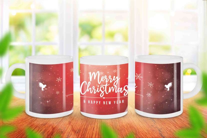 Mug Kenang Kenangan Natal Dengan Salju Putih Background Merah - Image 1