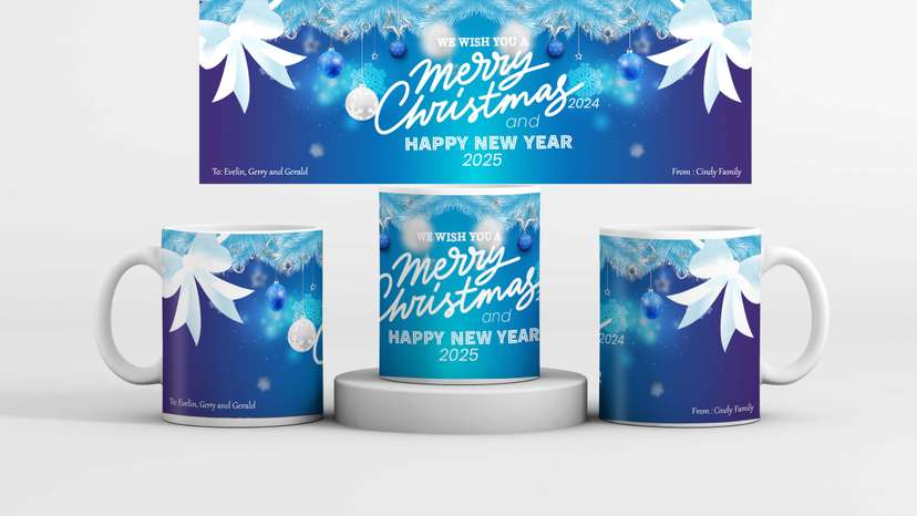 Mug Souvenir Hampers Natal 2024 dan Tahun Baru 2025 background biru - Image 1
