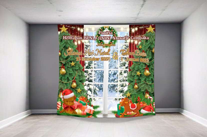 Baliho natal latar belakang salju dengan jendela dan pohon cemara dengan tumpukan kado dan mainan - Image 1