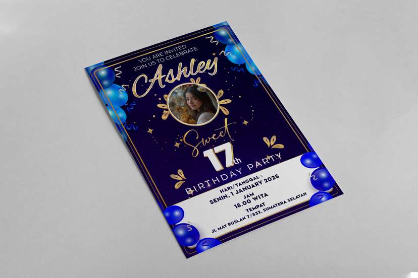 Undangan Ulang Tahun Sweet Seventeen Tema Biru Gold - Image 1